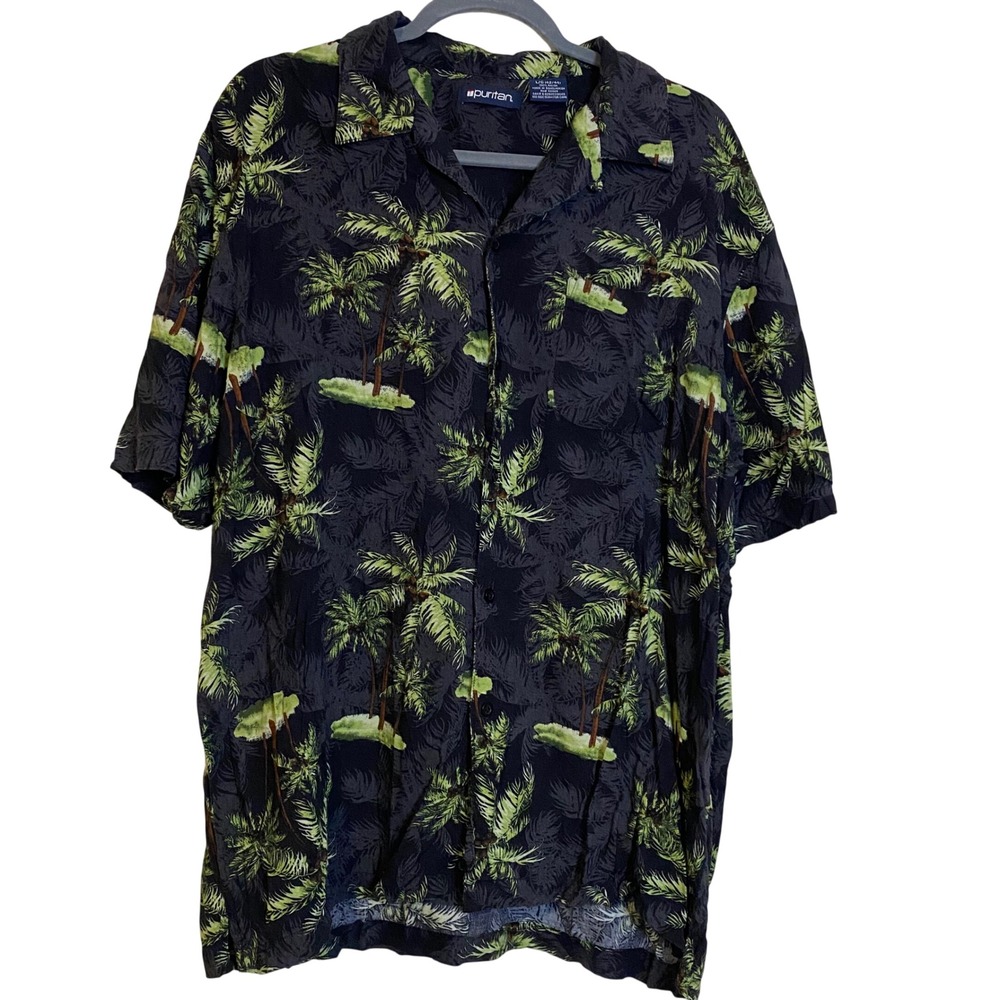 Hawaiian Palm Tree Tropical Rayon Button Down Shirt Black Green Summer Large